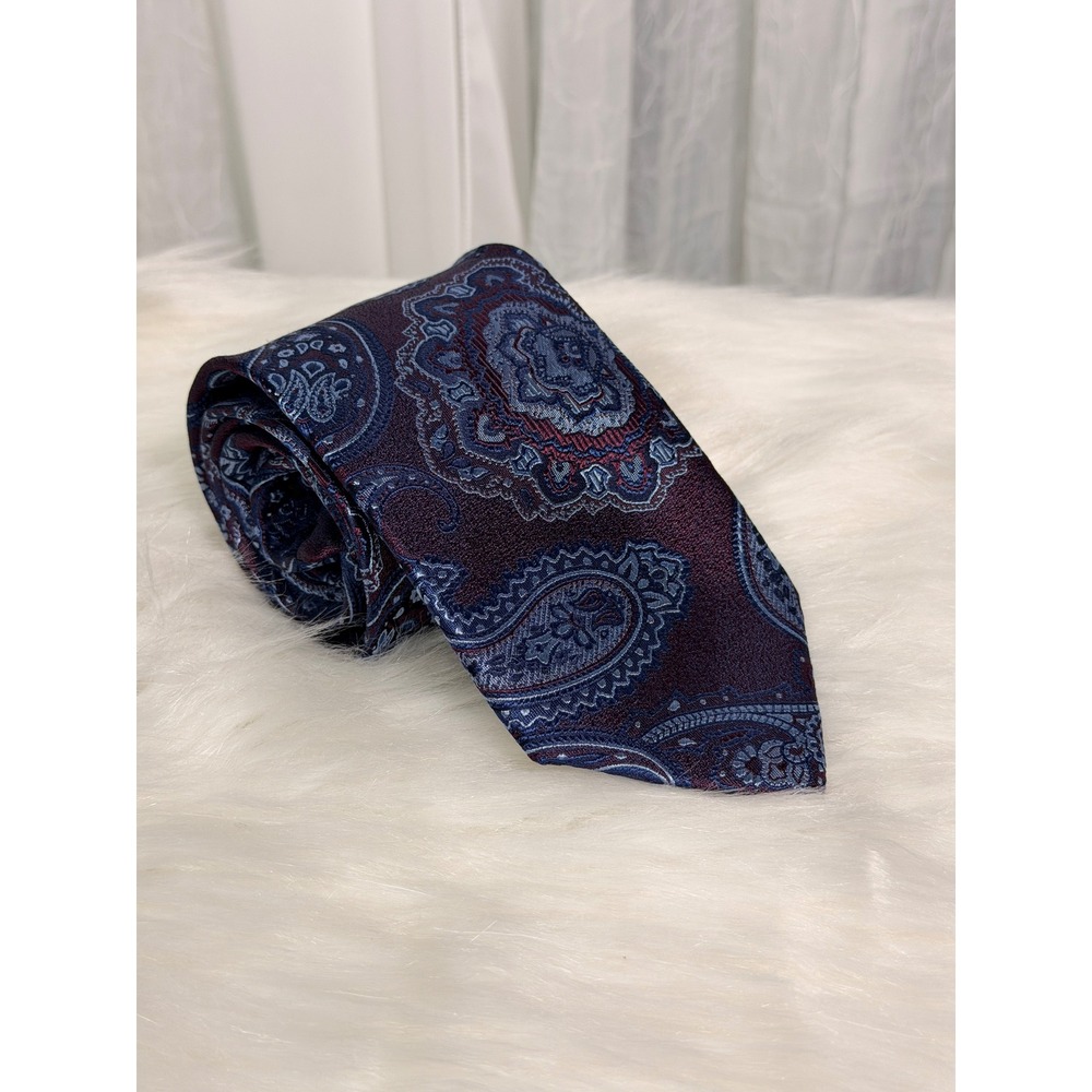 Bocara Mens Silk Necktie Burgundy Blue Paisley Hand Made Classic Tie 58in